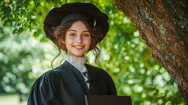 A graduate student in a black robe and a master's cap, grinned photo