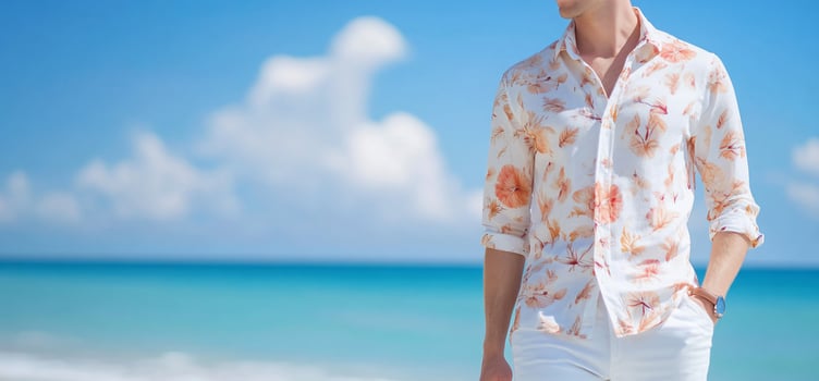 A man in a floral shirt walks along a sunny beach, enjoying leisure time. photo