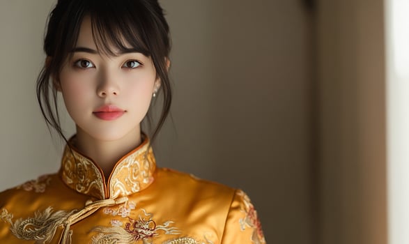 A beautiful young woman in an oriental dress photo