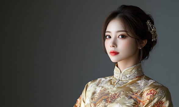 A woman in traditional attire poses elegantly against a neutral background. photo