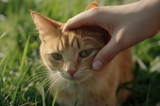 A person petting a cat in the grass photo