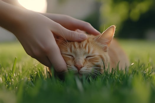 A person gently pets a relaxed orange cat on the grass. photo
