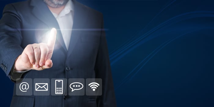 Businessman touching screen for contact us information. Contact us concept. customer consulting service, email, hotline, business contact, digital online business, digital service. photo