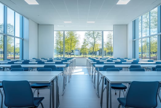 Modern canteen interior with blue chairs and white tables in a bright room photo