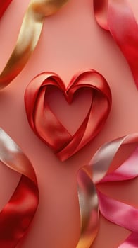 Red ribbon heart and colorful ribbons on pink background for valentine's day photo
