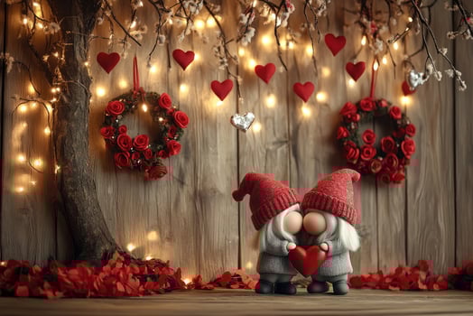 Two gnomes holding heart celebrating valentine's day with romantic decorations photo