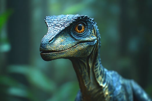 Blue raptor dinosaur emerging from lush prehistoric jungle photo