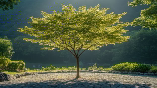 Lone tree standing in cobblestone courtyard with backlight photo