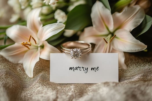 Elegant engagement ring resting on marry me card amidst lilies photo
