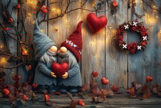 Two gnomes holding heart celebrating valentine's day with romantic decorations photo