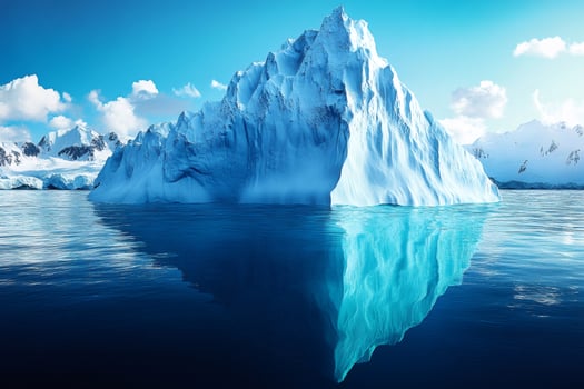Giant iceberg floating in the ocean reflecting on calm water with snowy mountains in the background photo