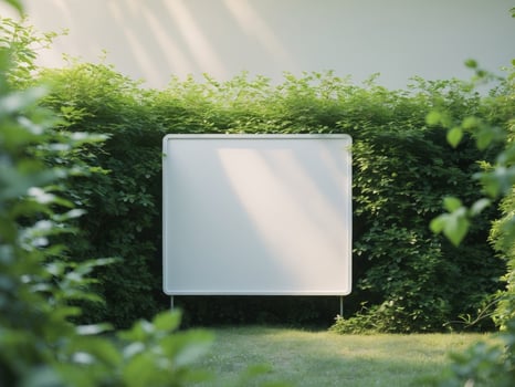 Blank Sandwich Board Mockup Outdoors Surrounded by Green Hedges. photo