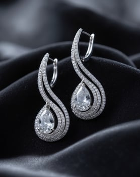 Luxurious silver drop earrings featuring stunning diamond encrustations resting elegantly on rich black velvet. photo