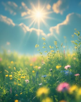Lush green meadow filled with wildflowers under bright sun. photo
