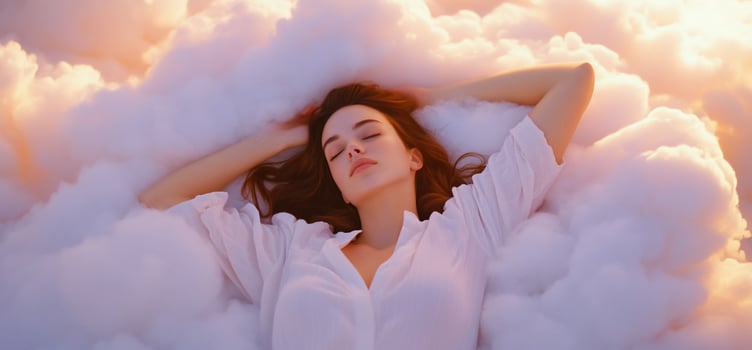 A serene woman relaxes in fluffy clouds, evoking tranquility and peace. photo