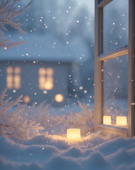 Candles lit by snow outside an open window photo