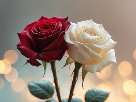 Two red and white roses are shown in front of a blurred background photo