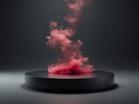 Empty round podium on black background with red smoke. photo