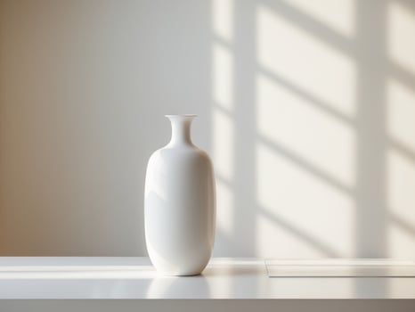 A white vase sitting on a table in front of a window photo