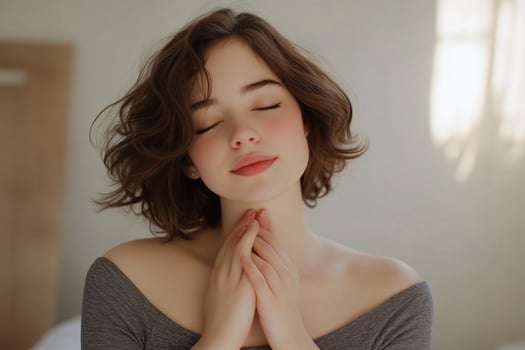 A woman is praying with her hands on her chest photo