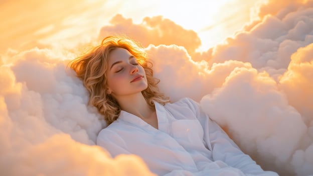 A serene woman rests among fluffy clouds during a golden sunset. photo