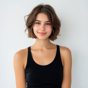 A young woman with a friendly smile poses against a plain background. photo