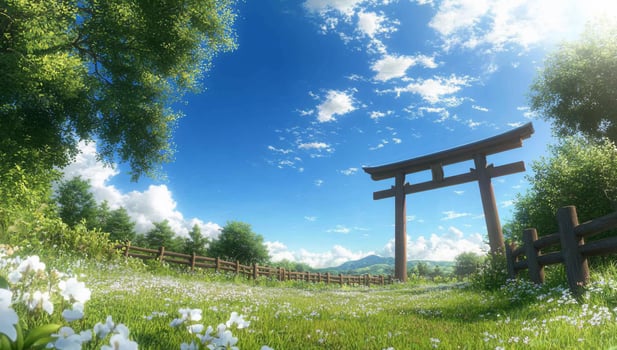 A serene landscape featuring a traditional torii gate amidst lush greenery. photo
