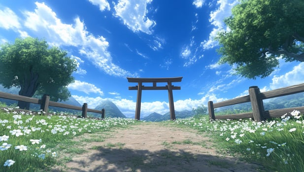 Anime landscape with a gate and flowers photo