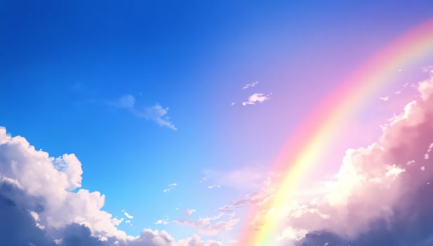 A vibrant rainbow arcs across a bright blue sky with fluffy clouds. photo