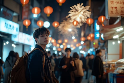 A festive street scene with lanterns and fireworks, capturing vibrant nightlife. photo