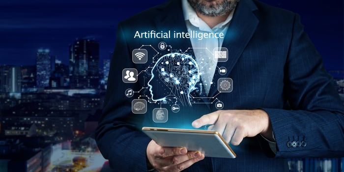 Artificial intelligence, AI chat bot concept. Businessman hands using tablet. ai chatbot infographic. Online Chatting Communication Business Internet Technology Concept photo
