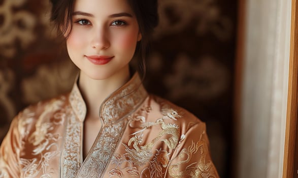 A young woman in an ornate traditional garment with a serene expression. photo