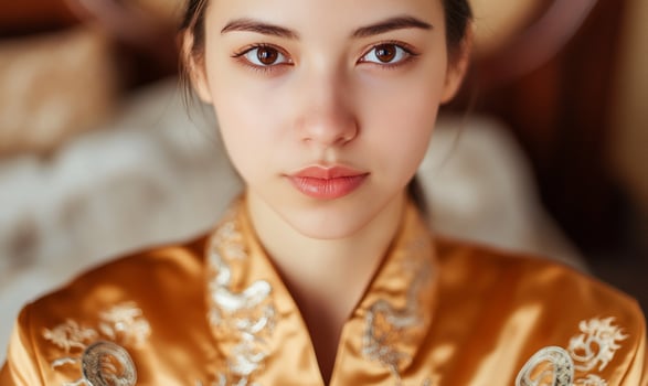 A close-up portrait of a young woman in an elegant golden robe. photo