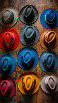 Colorful collection of hats arranged neatly on a wooden surface displaying diverse styles and colors photo