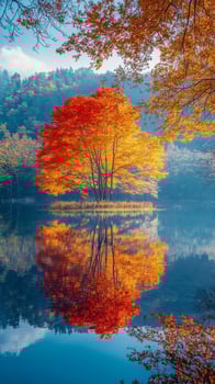 Vibrant autumn colors reflect on calm lake surface in serene forest setting photo