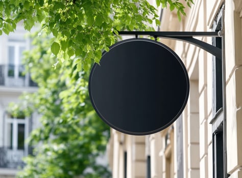 A blank sign hangs from a building, surrounded by green leaves. photo