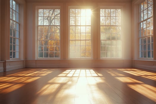 Sunlight streaming through large windows illuminating a cozy interior space in autumn photo