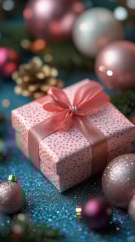 Pink gift box surrounded by festive decorations for a joyful holiday celebration photo