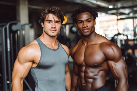 Athletes showcasing strength and muscular physique in a fitness gym environment photo