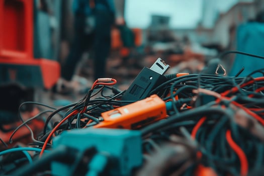 A close-up of tangled wires and connectors in an industrial setting. photo