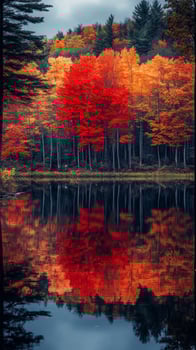 Vibrant autumn colors reflect on calm lake surface in serene forest setting photo
