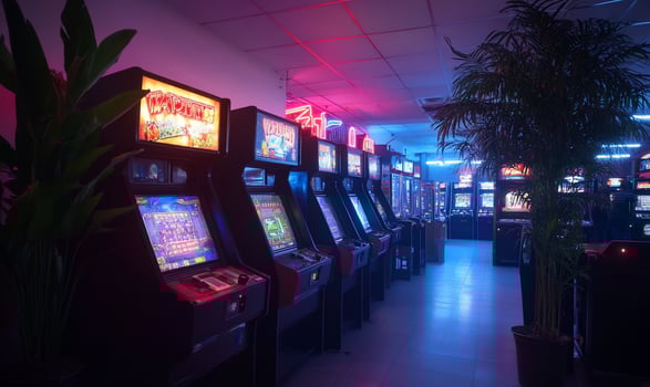 A dimly lit arcade filled with vintage gaming machines and neon lights. photo