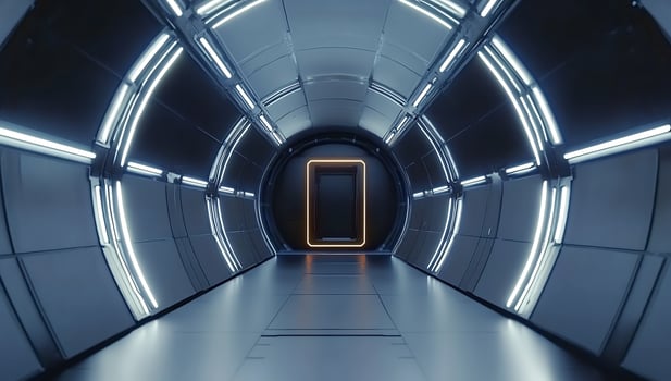 A futuristic tunnel with a door in the middle photo