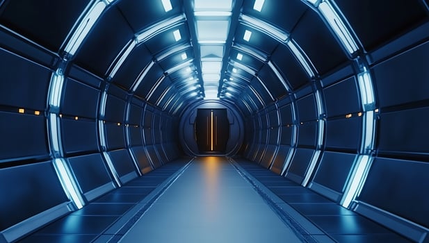 A long tunnel with blue lights and a door photo