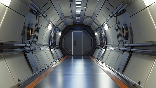 A long hallway with a door and a light photo