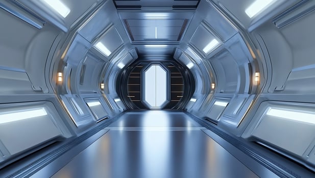 A futuristic looking hallway with a light at the end photo