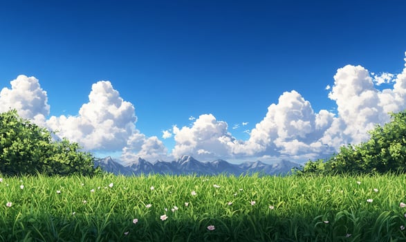 A serene landscape featuring lush grass, flowers, and a clear blue sky. photo