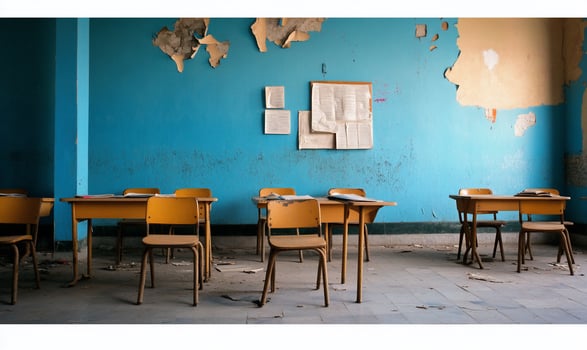 A classroom with desks and chairs in front of a blue wall photo