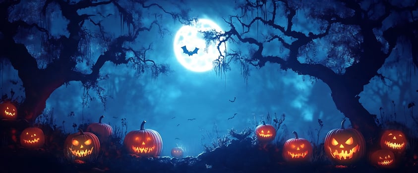 Halloween pumpkins and trees in the dark photo