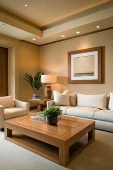 Modern living room design featuring neutral tones and natural elements photo